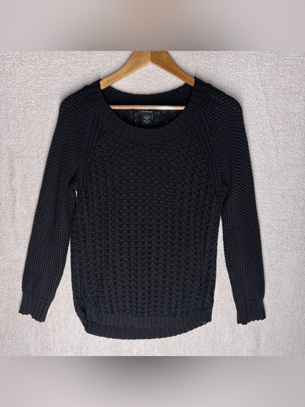 Calvin Klein Jeans Women's Cable Knit Sweater Large Black Crewneck Pullover